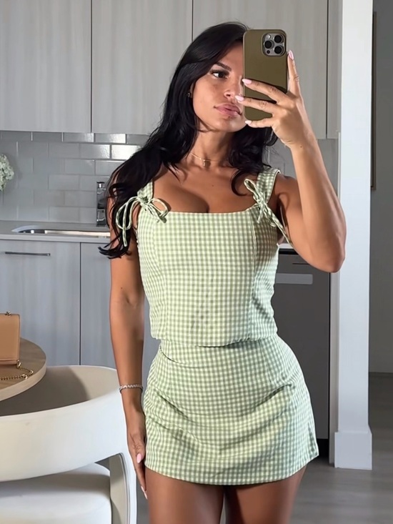 Cider Dresses & Skirts - Cider Gingham Tie-Shoulder Two Piece Set in Sage Green- built in shorts